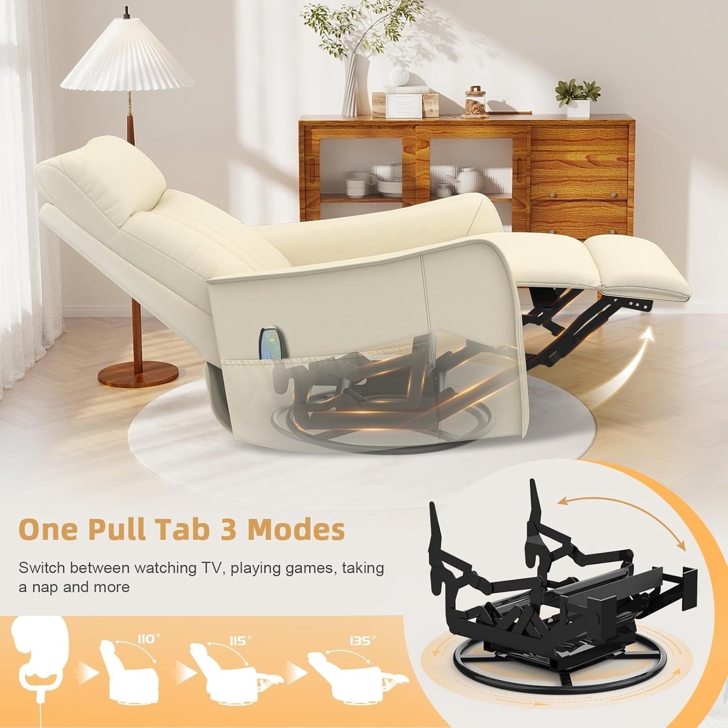 Swivel Rocking Recliner Chair Massage Heat 3-in-1 Footrest Pockets + Cover Cream