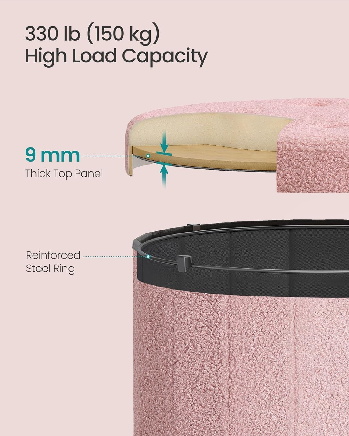 Jelly Pink Teddy Fleece Round Storage Ottoman Foldable Footstool 46cm