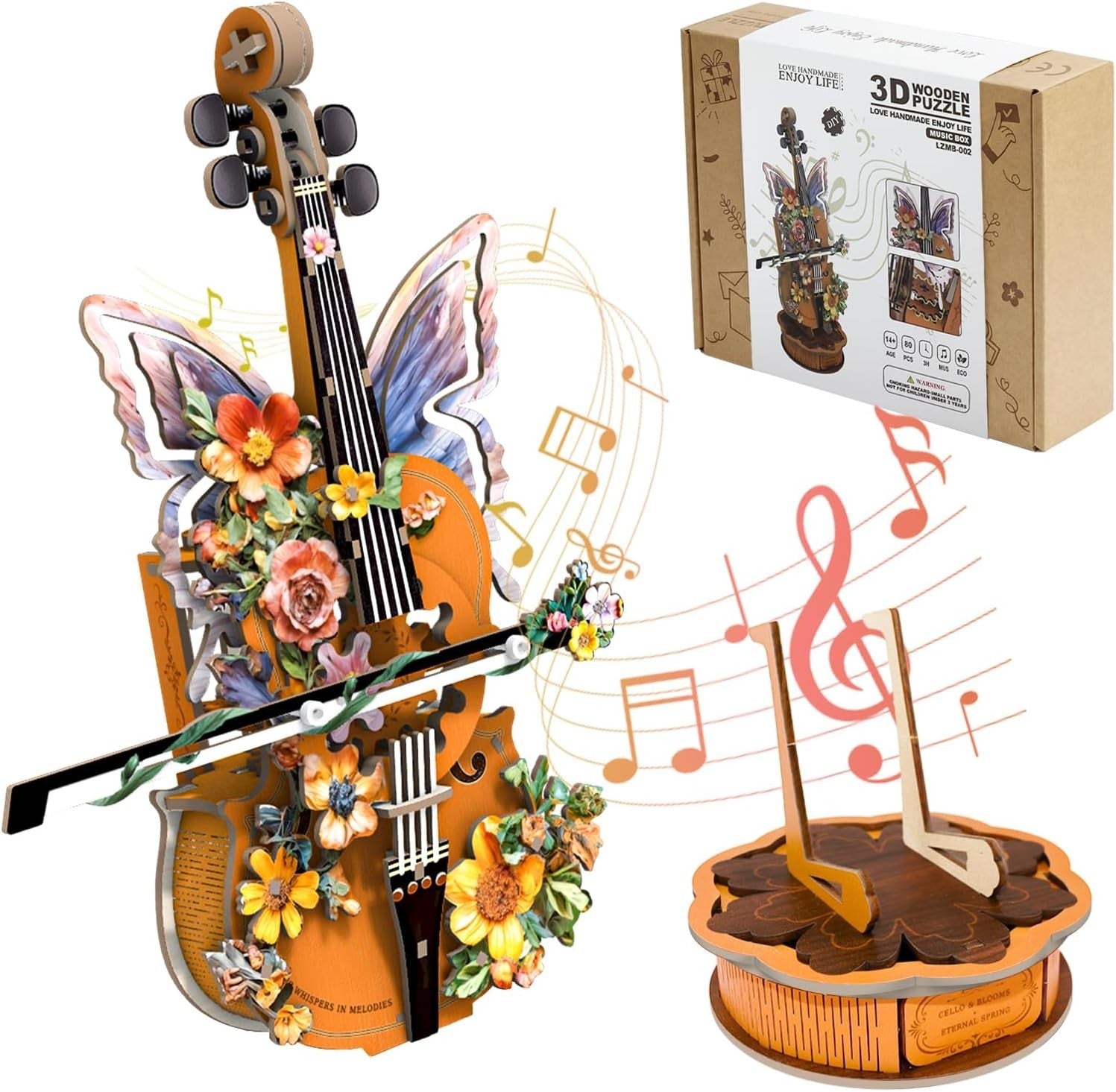 3D Wooden Cello Music Box Puzzle DIY Mechanical Model Plays For Elise