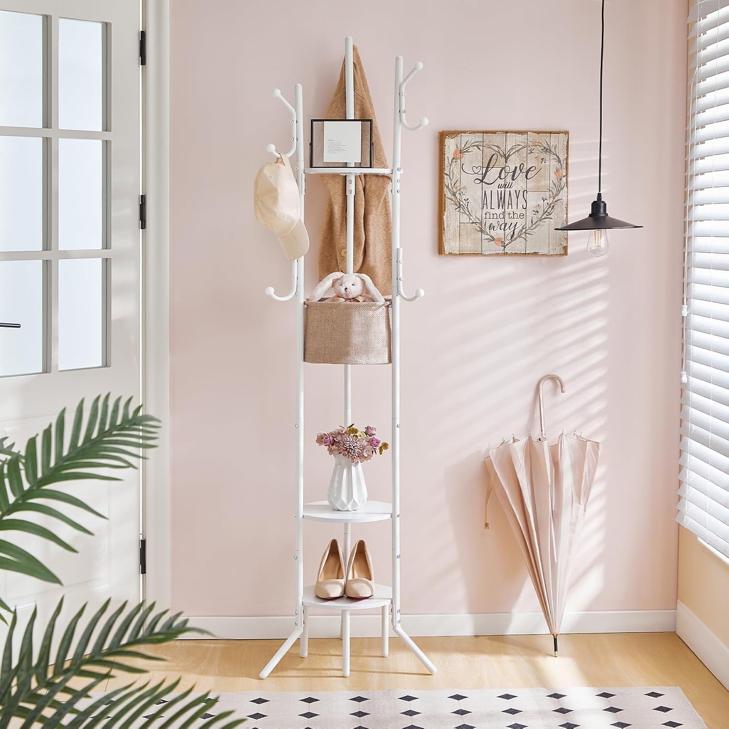White Coat Rack with Shelves | Freestanding Hall Tree Organizer Stand 184cm Tall