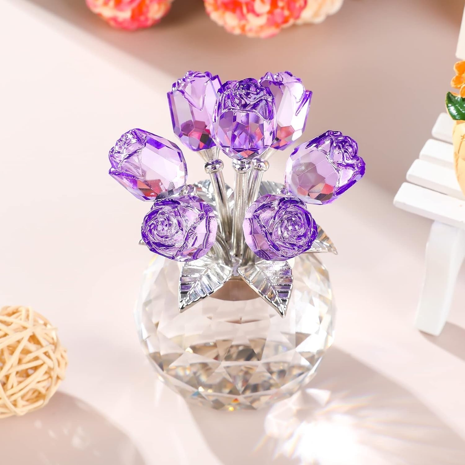 Purple Crystal Rose Bouquet Ornament Gift for Women Birthday Valentine