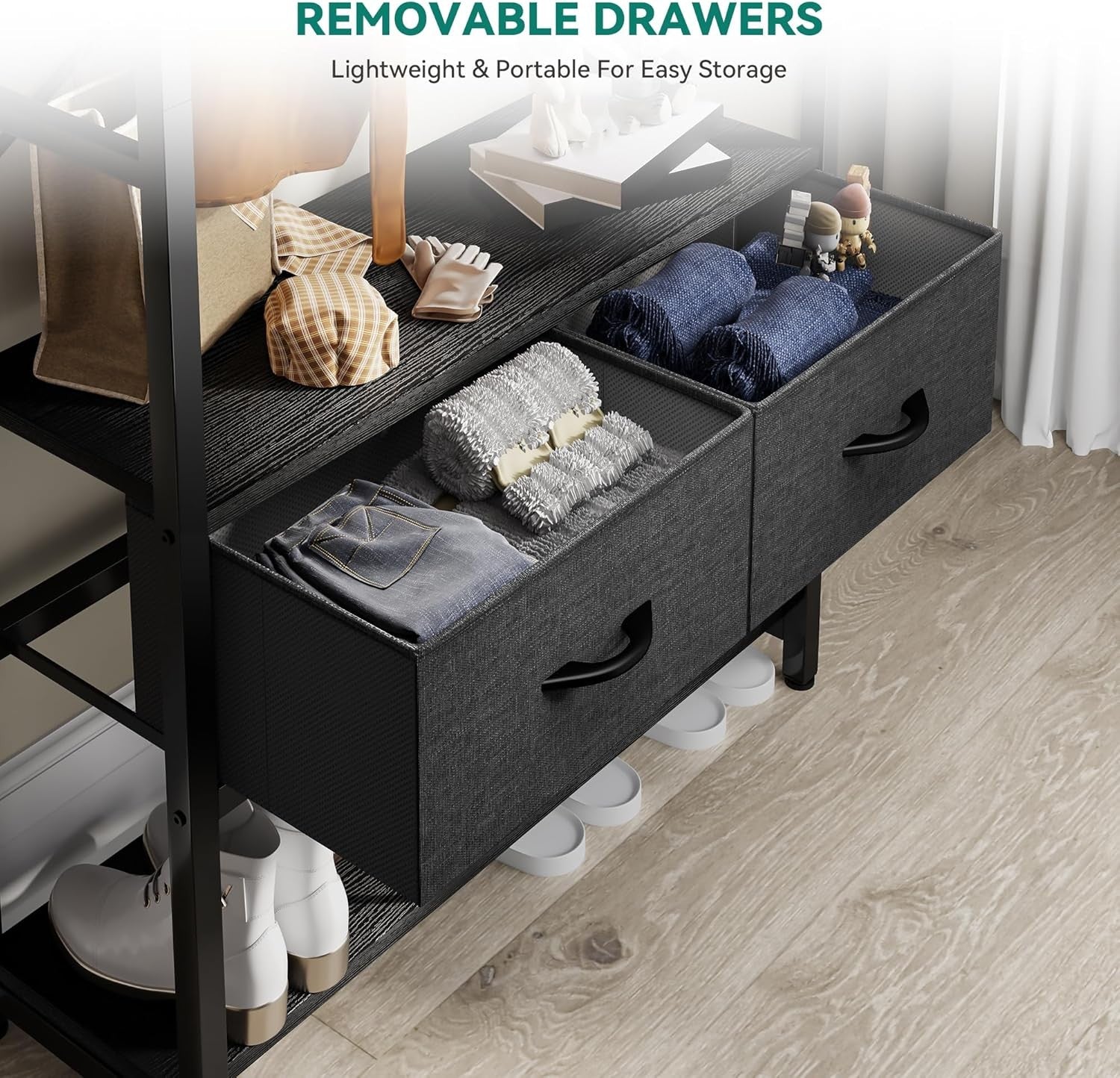 Black Metal Hall Tree Coat Rack | Bench with Shoe Storage & 2 Drawers Organizer