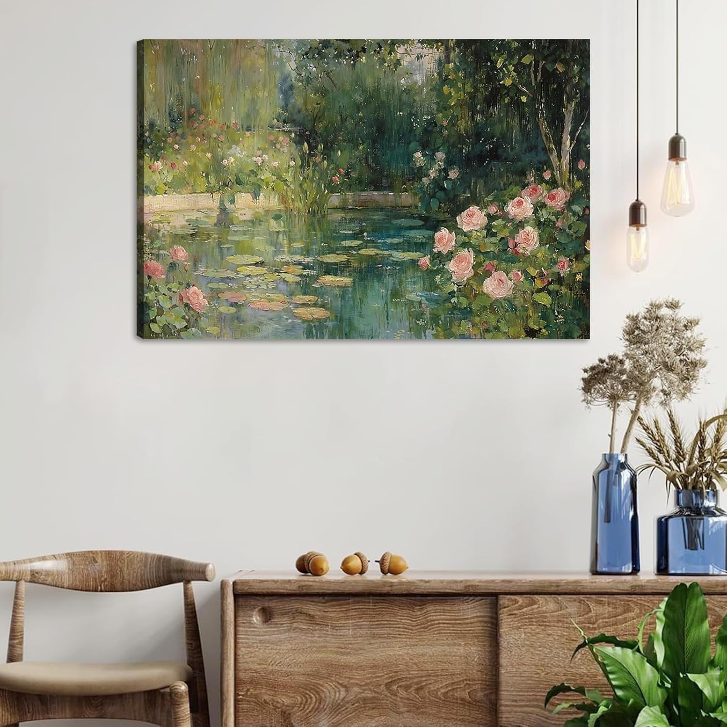 Impressionist Floral Pond Canvas Wall Art Framed Botanical Landscape Decor
