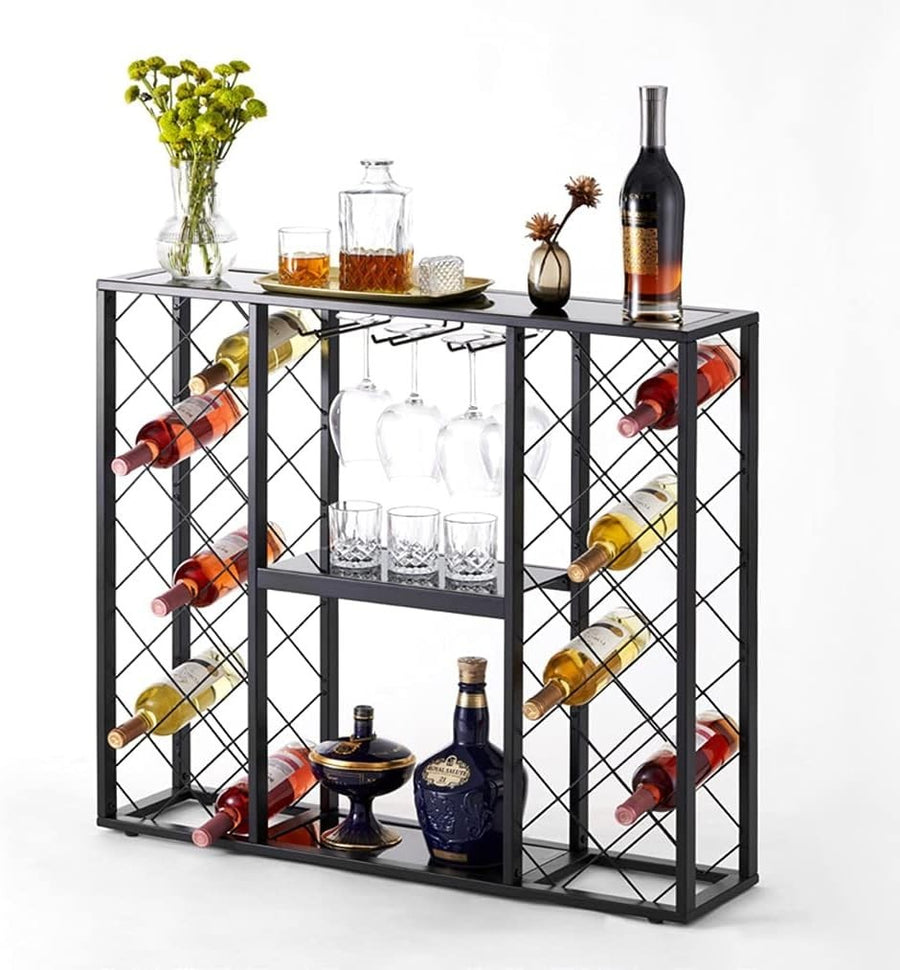34 Bottle Wine Rack with Glass Top Table Shelf Metal Free Standing Storage Bar