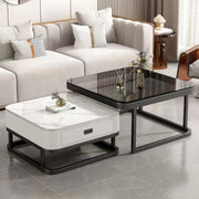 2-in-1 Nesting Coffee Table Set w/ Storage Drawer, Marble & Glass Top, Space.