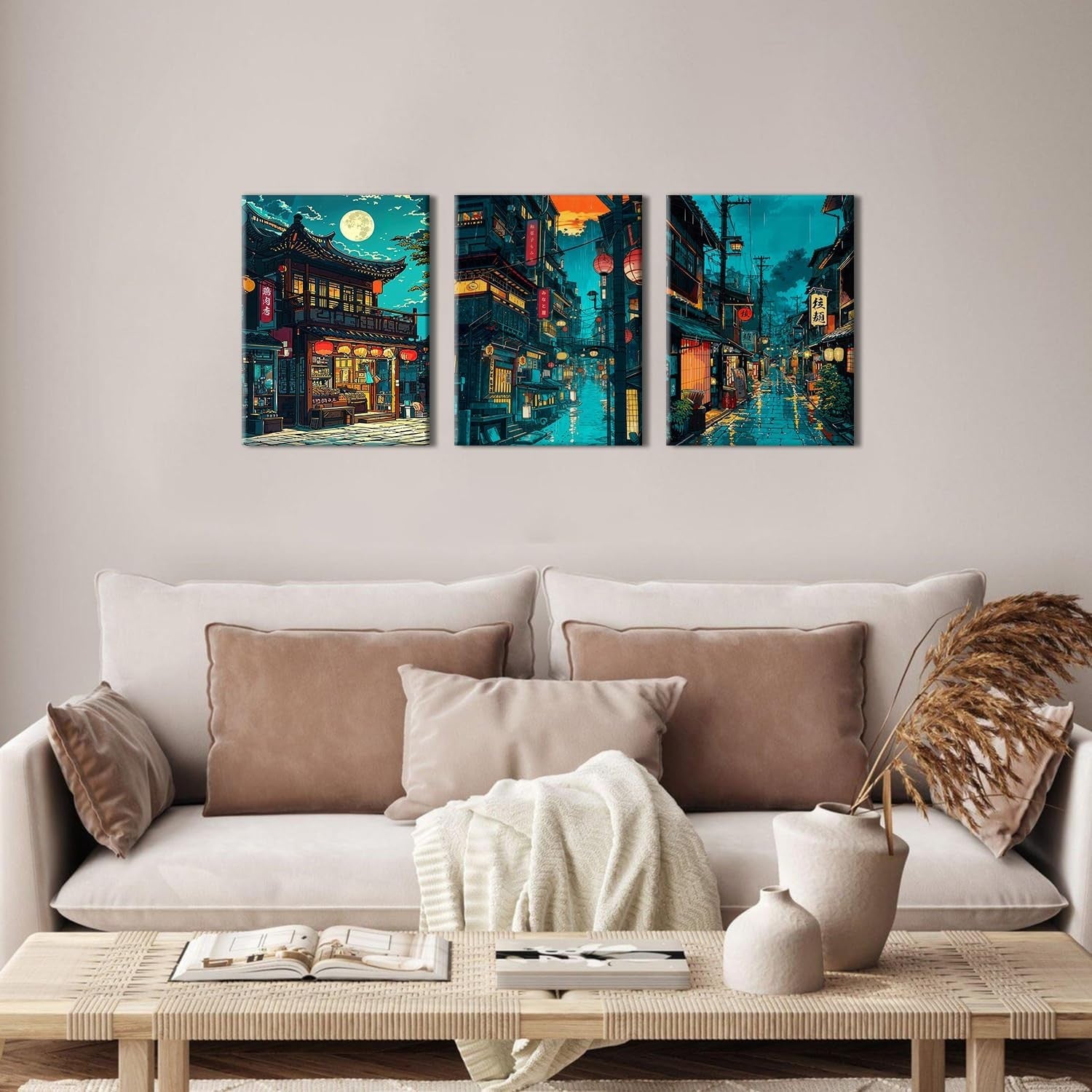 Japanese Anime Tokyo Night Wall Art Set of 3 Framed 12x16in