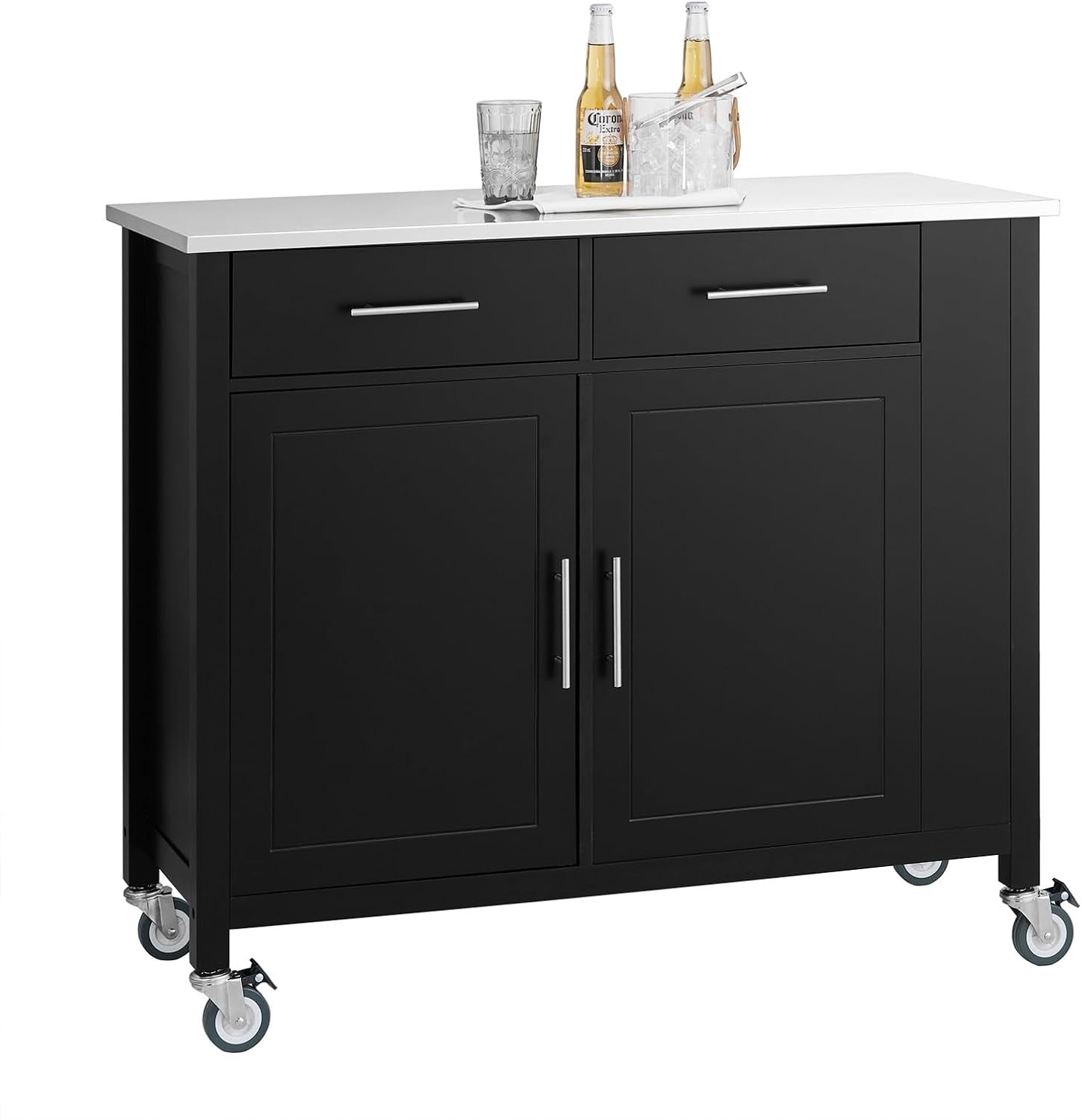Black Kitchen Island Trolley Cart with Drawers & Steel Top 107x46x94cm