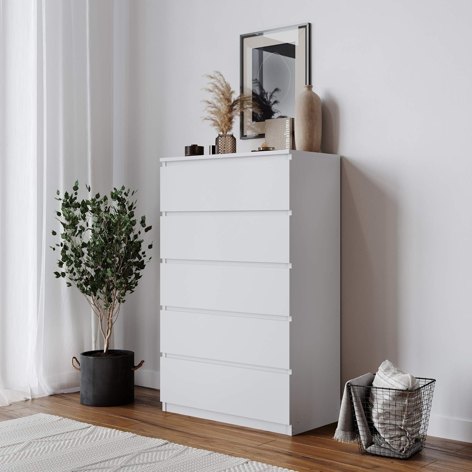 Modern 5 Drawer White Chest Bedroom Storage Cabinet Handle-Free Design