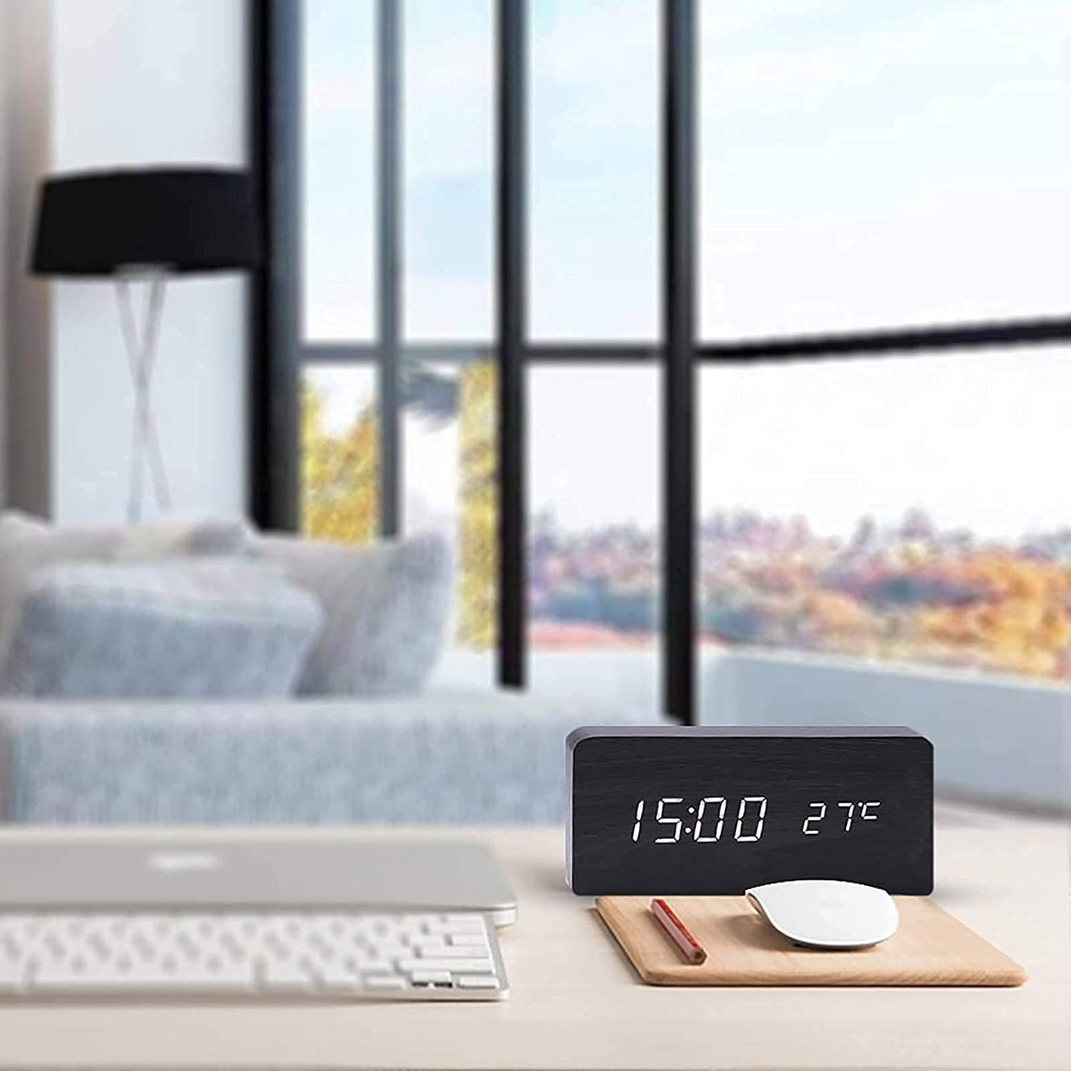Wooden LED Digital Alarm Clock Silent Bedside Temperature Display
