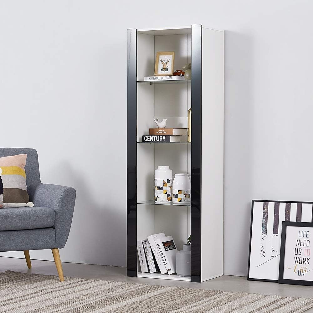 Tall LED Display Cabinet White Matt Black Gloss Glass Shelves Modern Cupboard