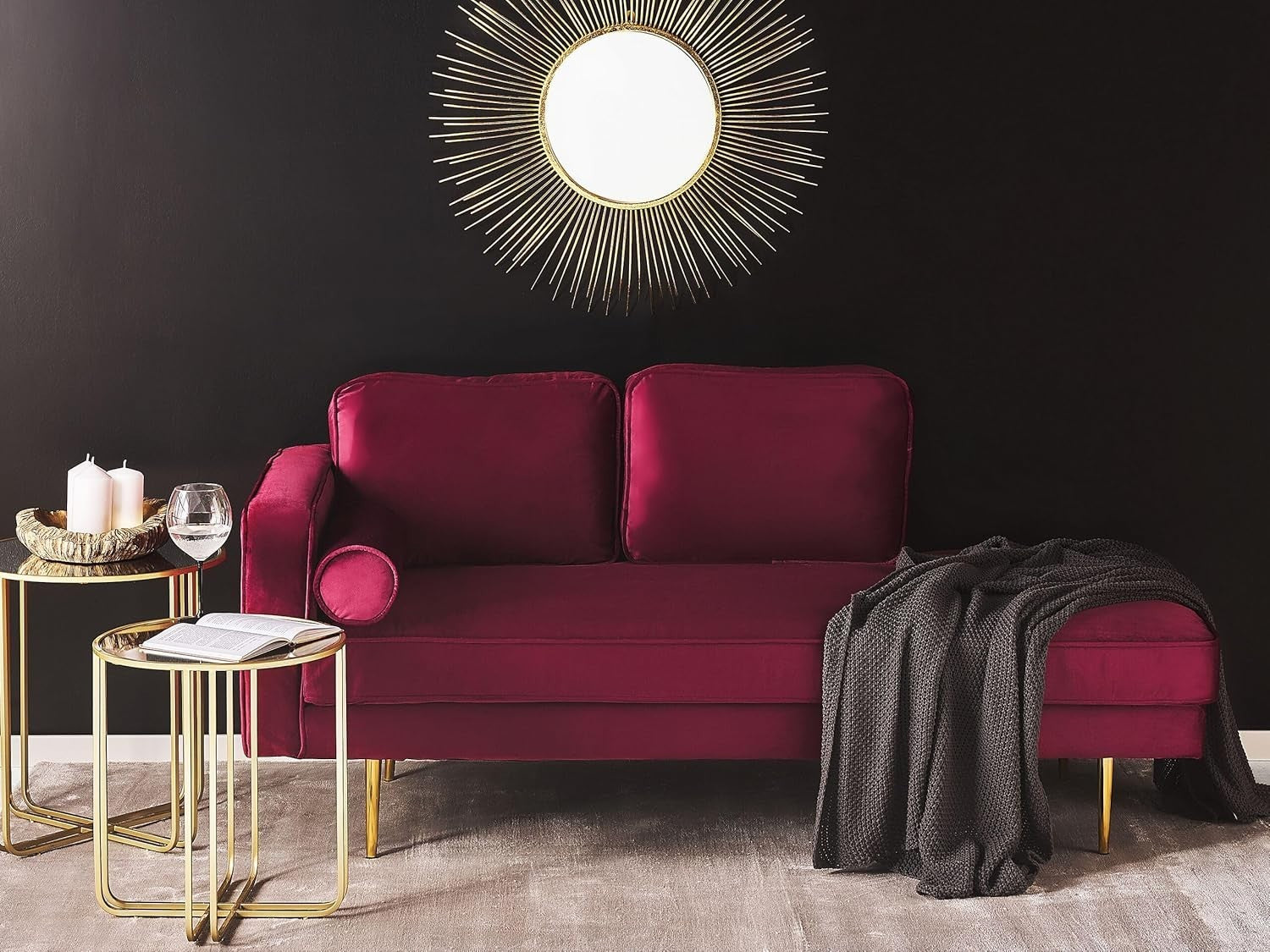 Velvet Chaise Lounge Sofa Red | Gold Legs, Cushions, Deep Seat, Glam Look