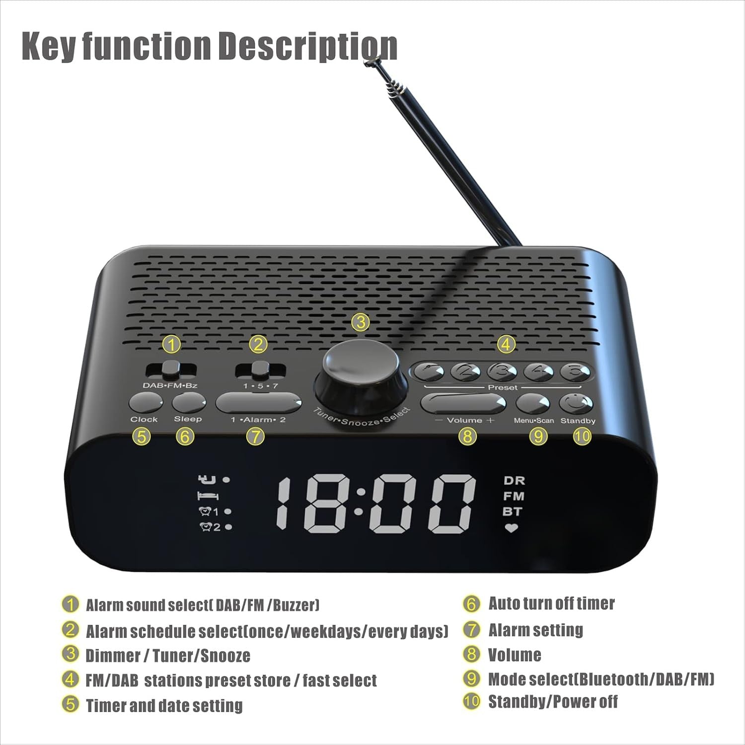 DAB DAB+ FM Digital Alarm Clock Radio Bluetooth Speaker Dual Alarm LED
