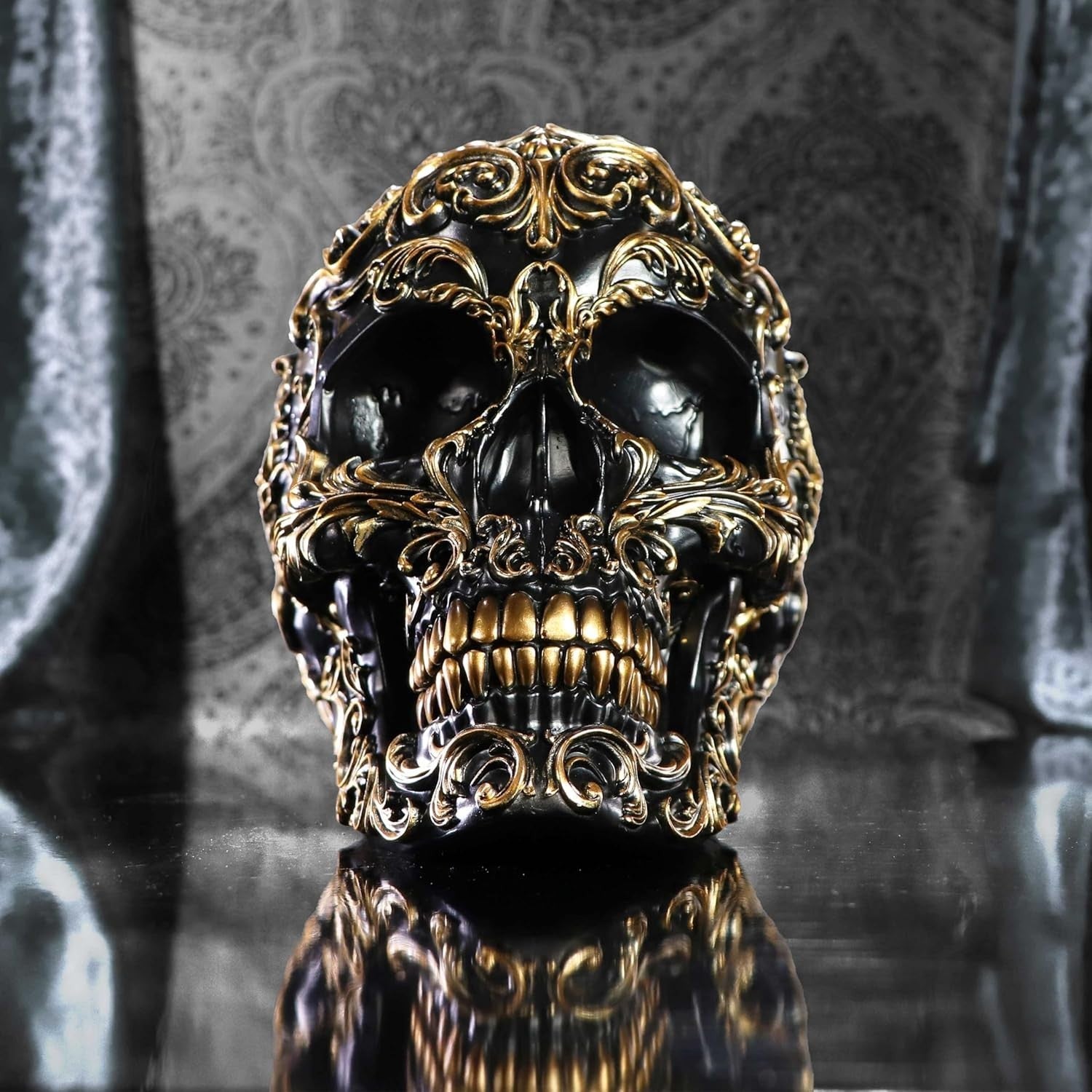 Baroque Skull Ornament 19cm Black Gold Resin Gothic Decor Ornate Display Piece