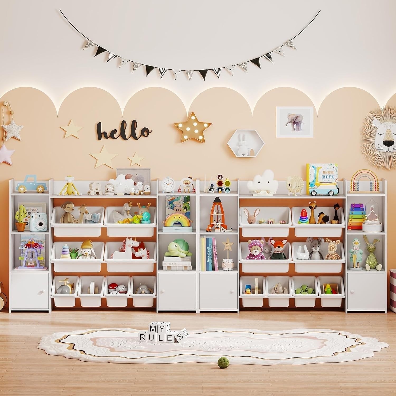 White Kids Toy Storage Unit – 4-Tier Bookshelf with Bins & Cabinets 142cm
