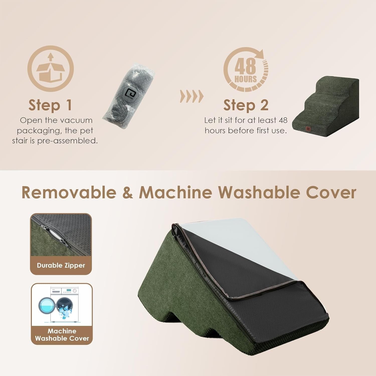 3 Step Dog Stairs for Bed Non Slip Foam Pet Steps Olive 40x57x40
