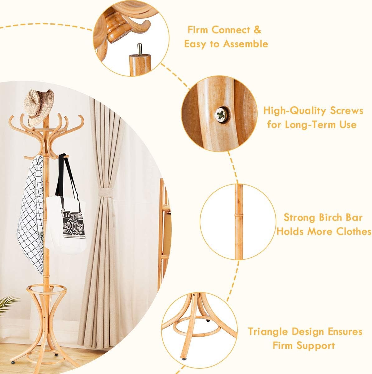 Wooden Coat Rack Stand with 12 Hooks & Umbrella Holder | Oak Hall Tree