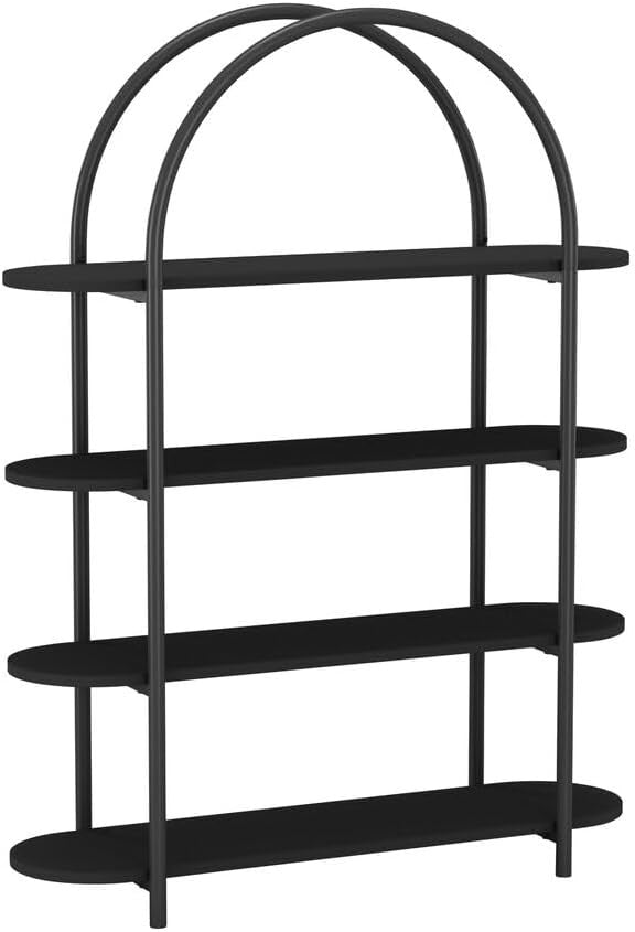Modern 4-Tier Arched Bookcase Storage Shelf Unit – Metal Frame, MDF Shelves, Bla