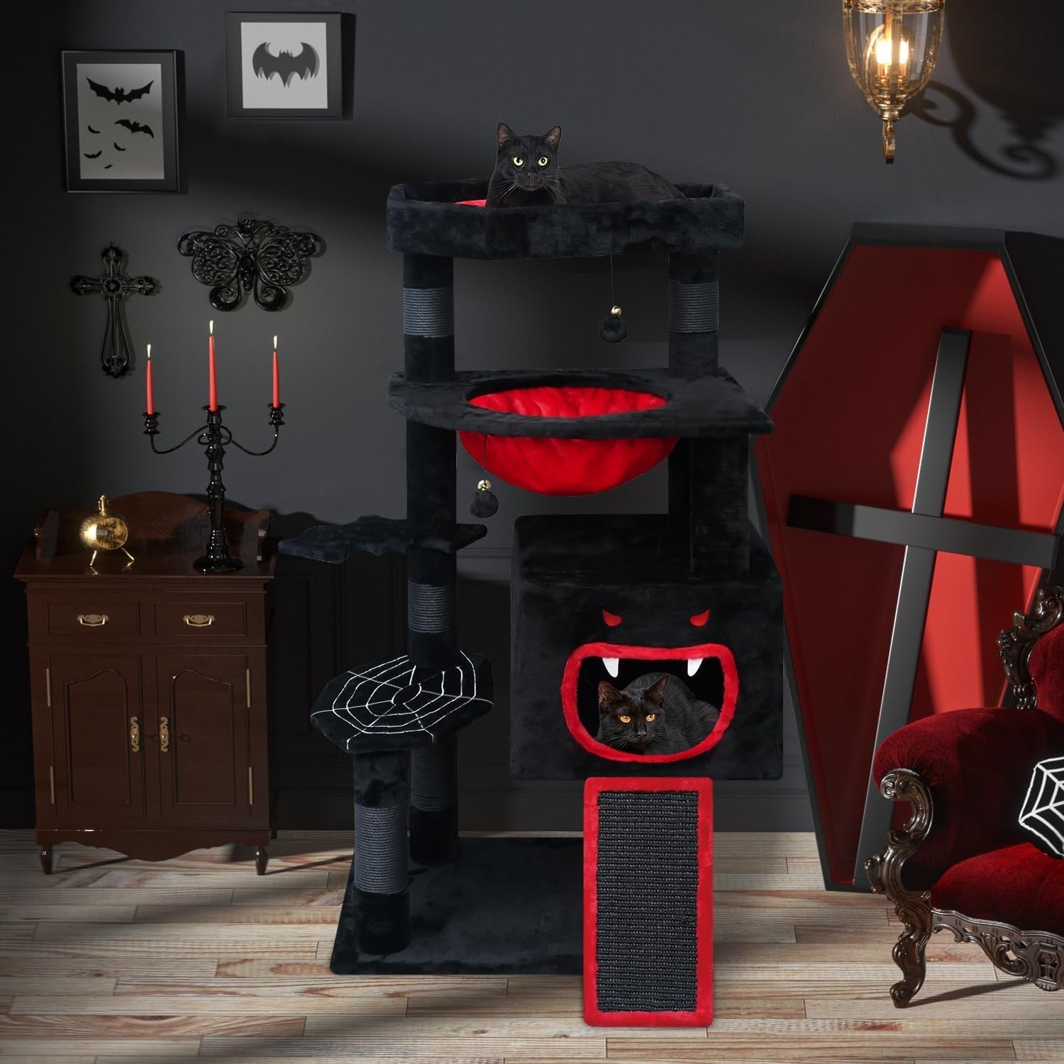 Gothic Cat Tree Tower 120cm with Condo Coffin Bed Scratching Posts Ramp