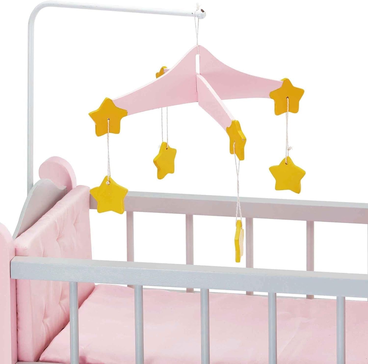 Wooden Baby Doll Cot with Storage Cushion Bedding Mobile Grey Pink 57x31x79cm