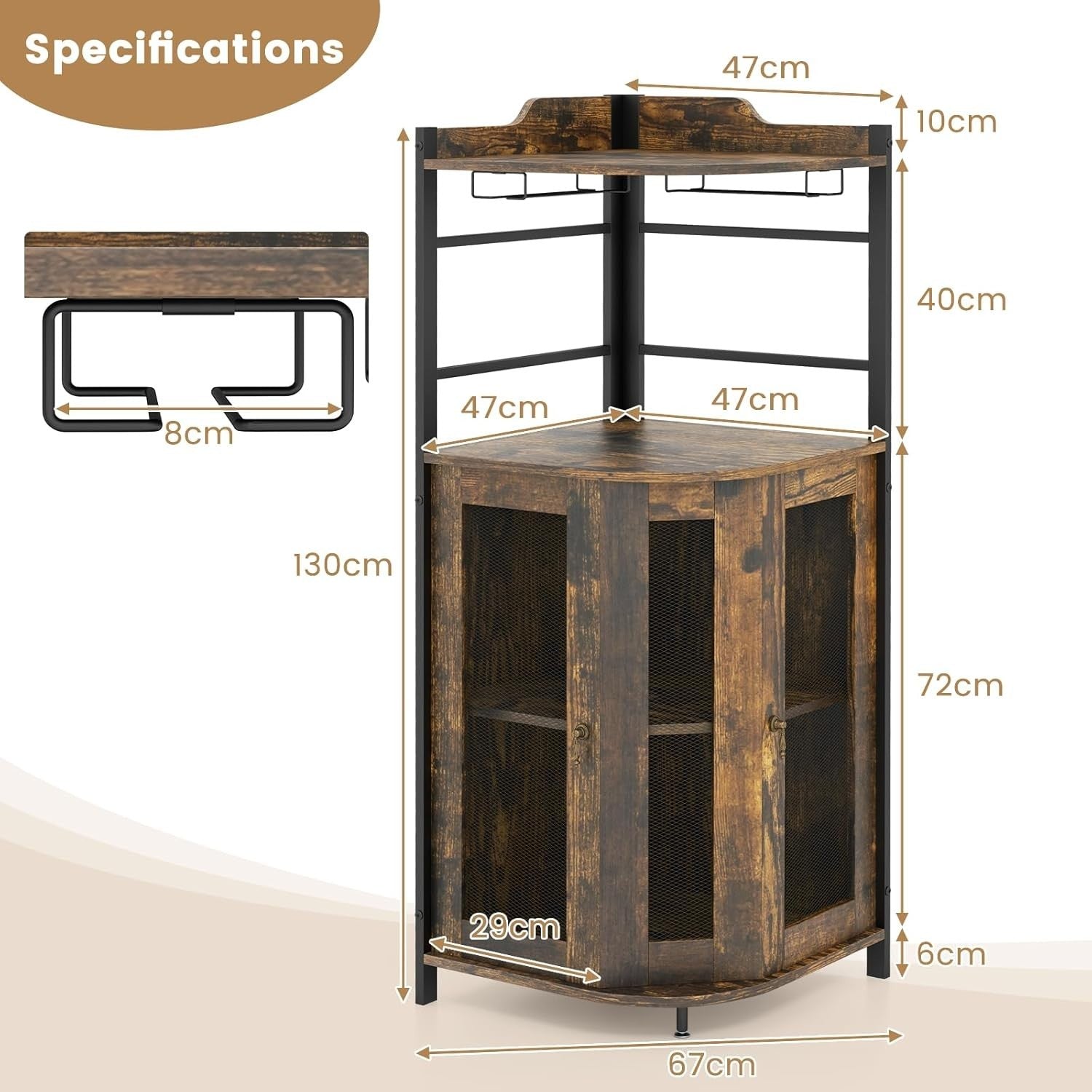 Corner Bar Cabinet Rustic Brown Wine Glass Rack & Liquor Storage Shelves Unit
