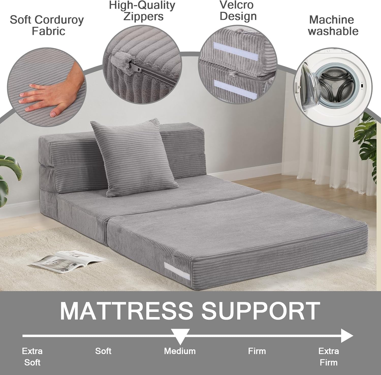 Folding Sofa Bed Chair Z Single 190x90cm Guest Mattress Lounger Grey