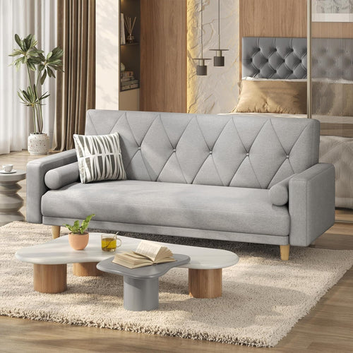 Light Grey 3 Seater Sofa Bed Click Clack Modern Couch with Pillows Small Space