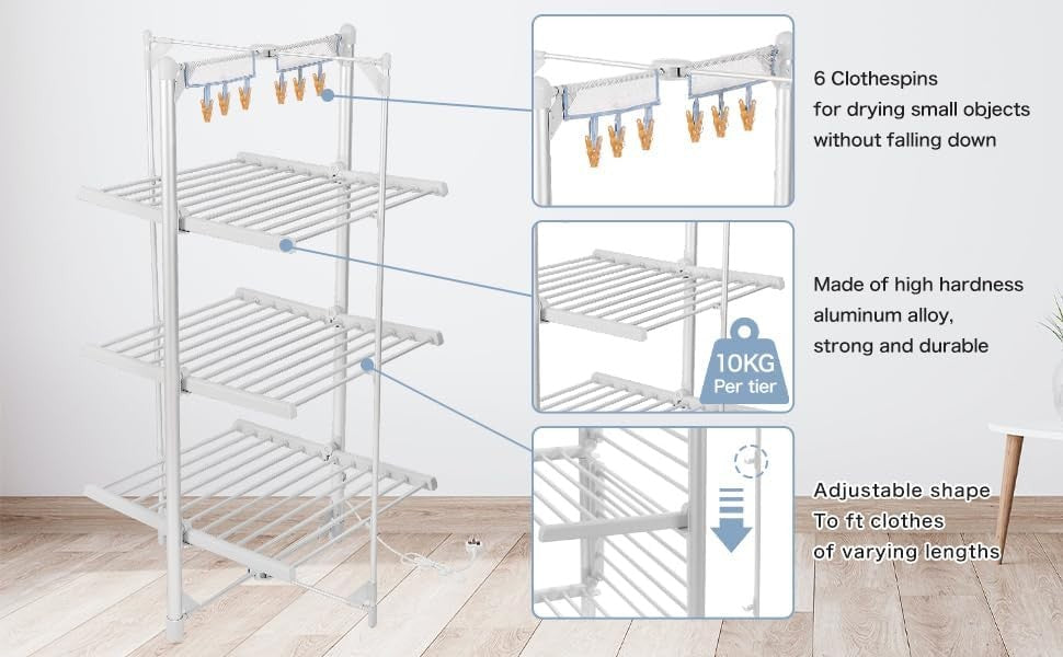 3 Tier Heated Clothes Airer XL Foldable Indoor Electric Drying Rack 36 Rails