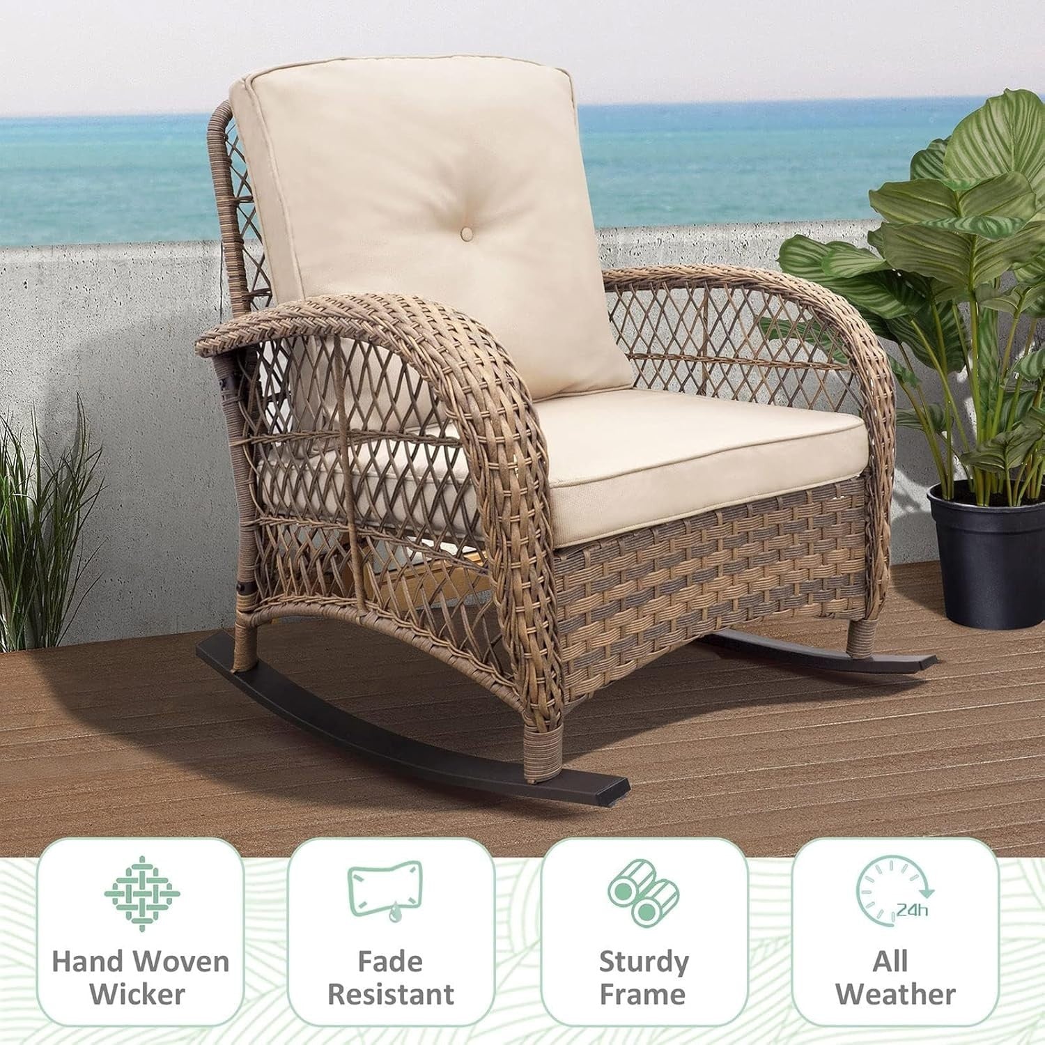Outdoor Rattan Rocking Chair Beige Resin Wicker Patio Lounge Porch SeatOutdoor R