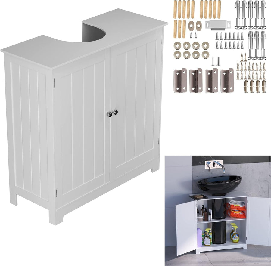 White Under Sink Bathroom Cabinet | 60x30x60cm Wooden Storage Unit