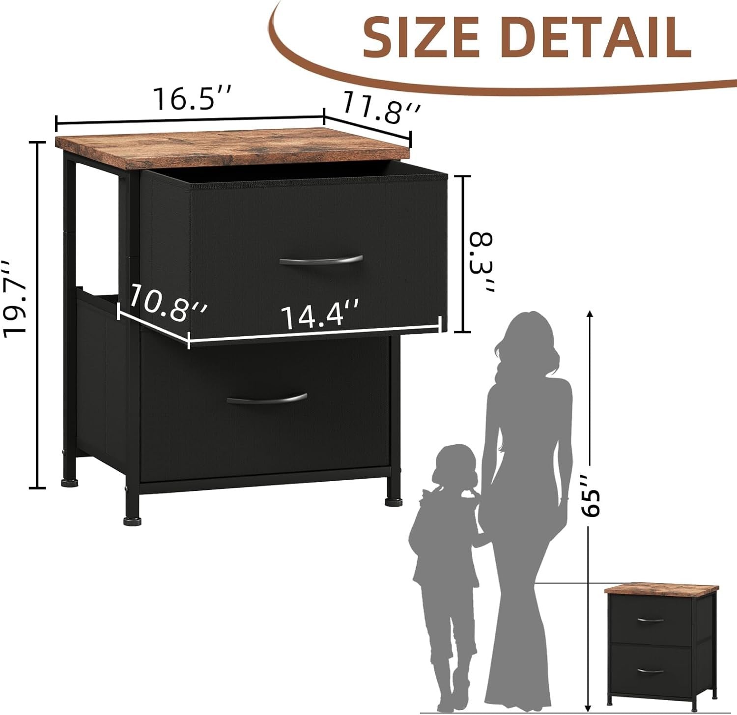 Black Bedside Tables Set of 2 with Fabric Drawers, Rustic Wood Top Nightstands