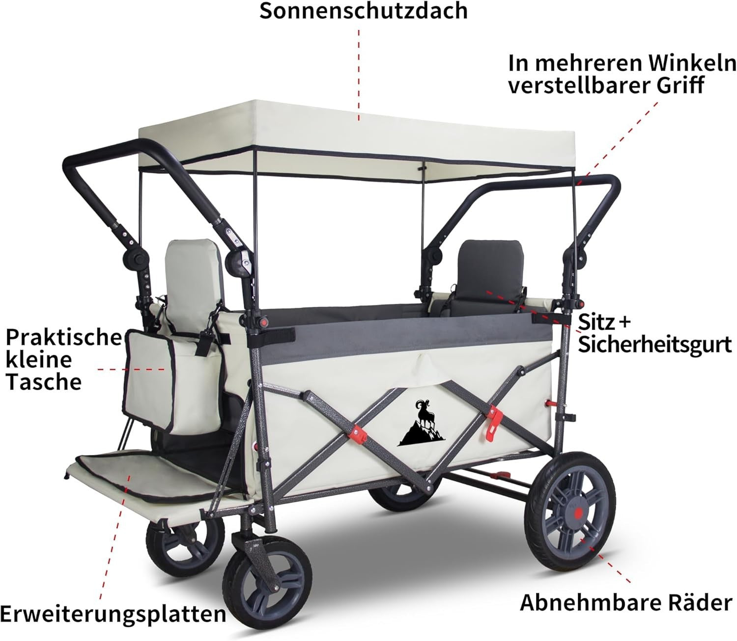 Grey/Beige Folding Wagon w/ Roof Brakes 120kg Heavy Duty Cart PU Tyres & Seats