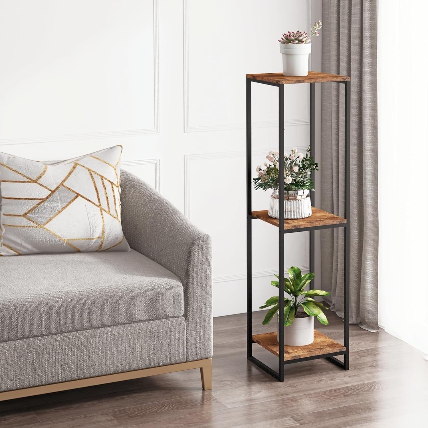46" Tall 3 Tier Rustic Brown Plant Stand Indoor Modern Metal Flower Shelf