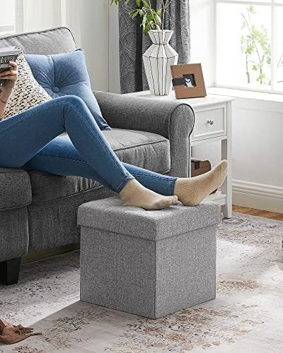 Light Grey Folding Storage Ottoman Cube 38cm Footstool with Lid & Tufted Seat