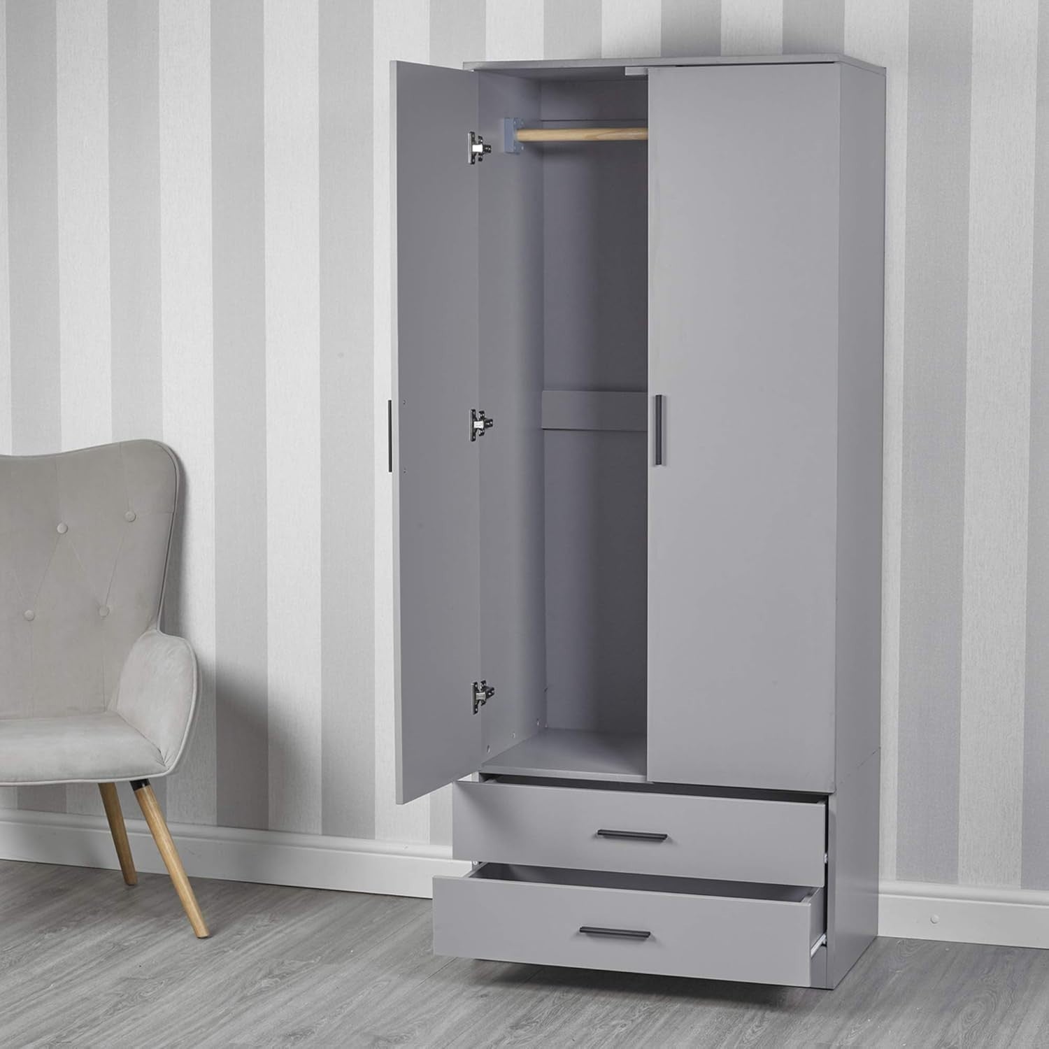 Tall Grey 2 Door Wardrobe with Grey Drawers & Hanging Rail | Bedroom Storage