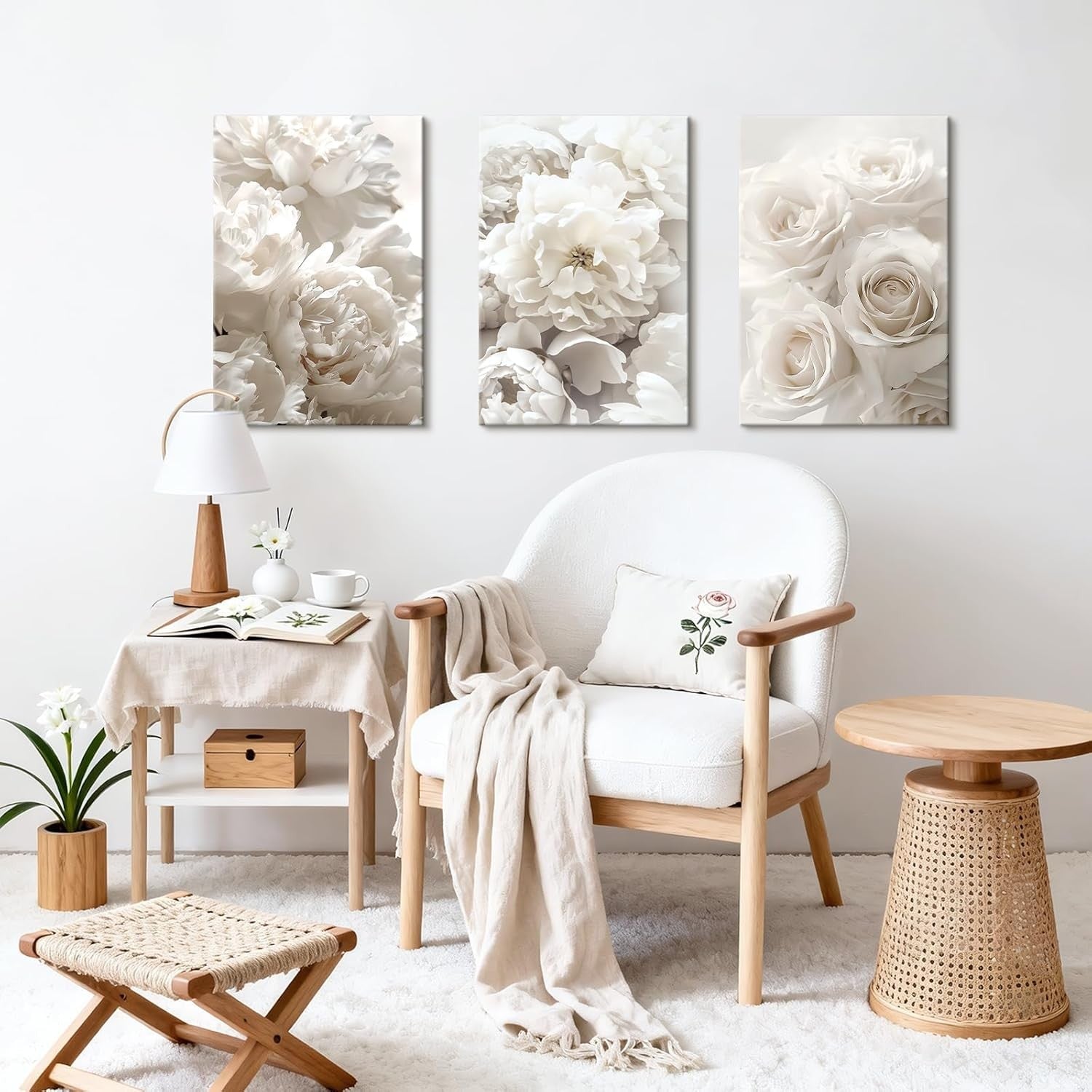 White Floral Canvas Wall Art Set 3 Rose Peony 40x60cmx3