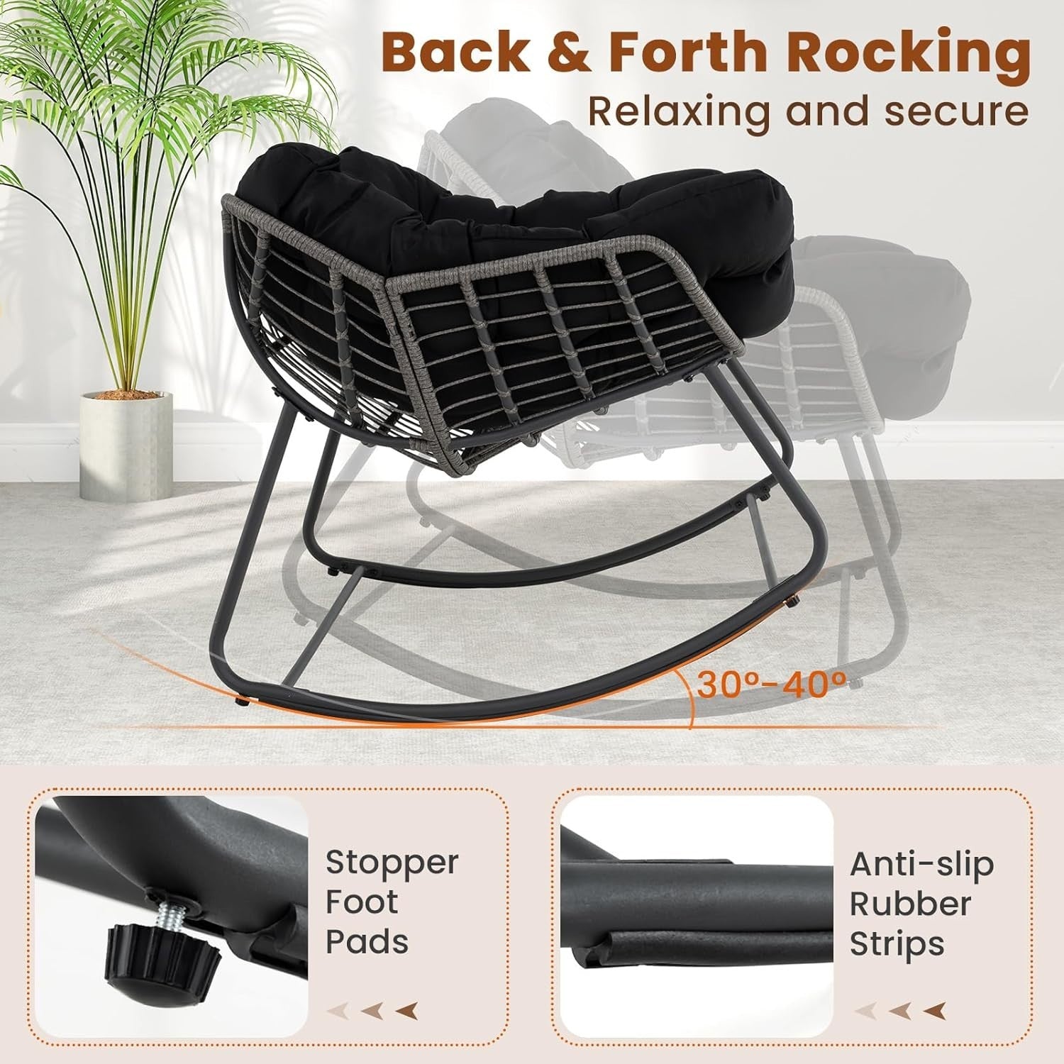 Oversized Outdoor Rocking Chair with Removable Cushion for Patio