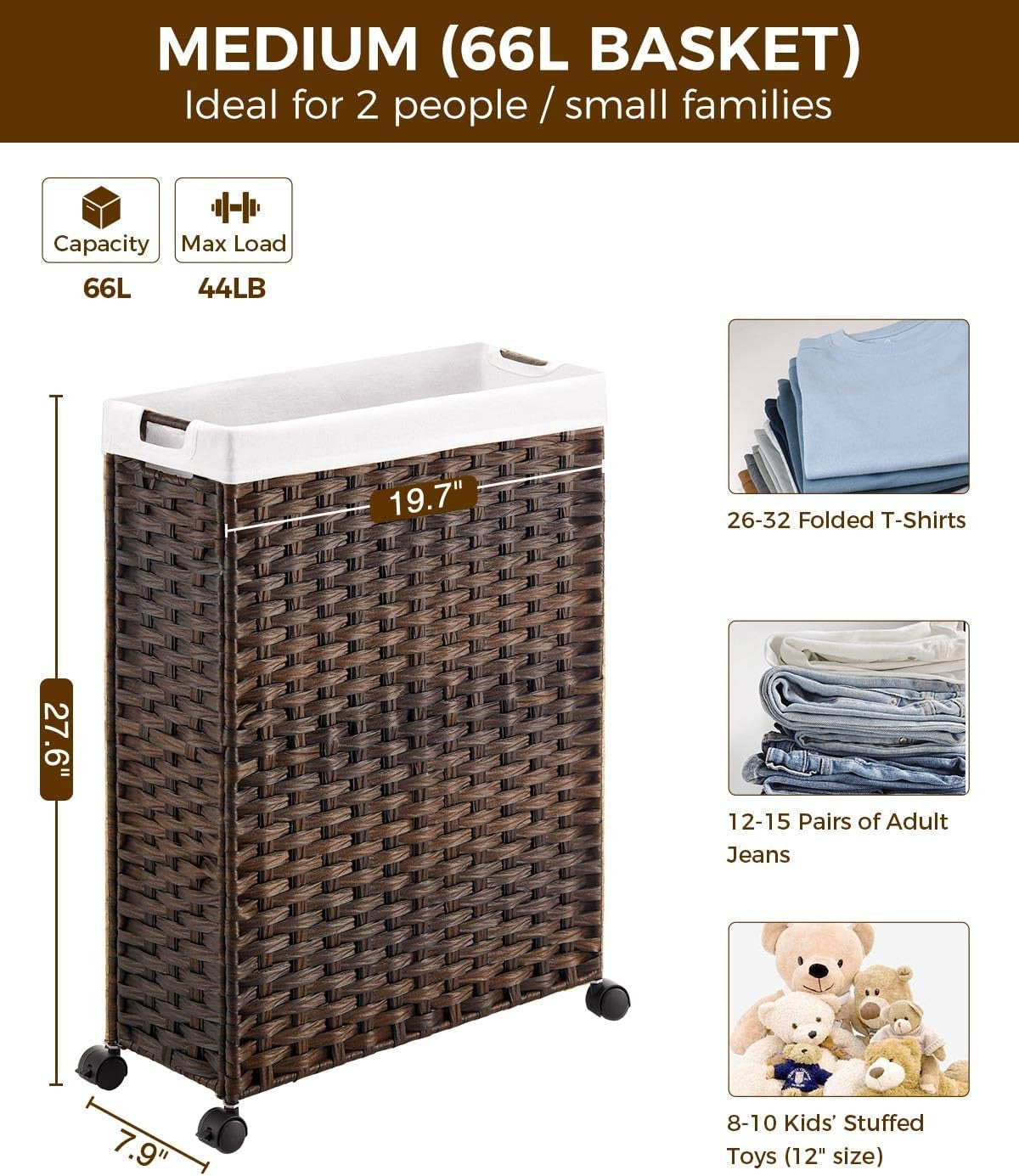 Slim Rattan Laundry Hamper on Wheels 66L with Removable Bags & Mesh Liners Brown