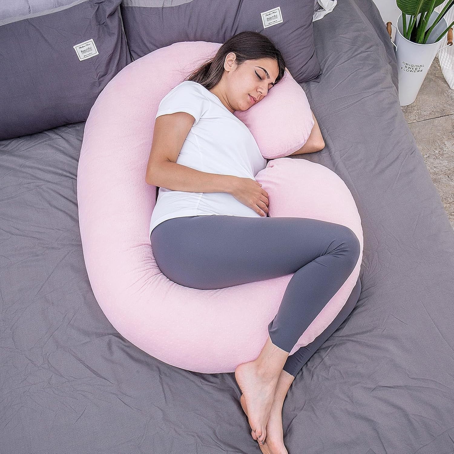 Pregnancy Pillow Cover C Shape Maternity Pillowcase Soft Washable 37” Pink
