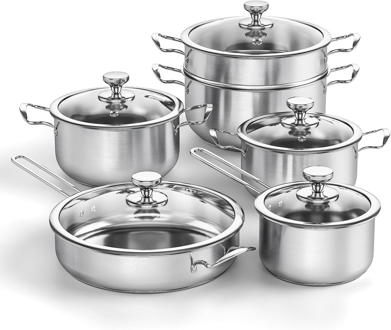 11pcs 3-ply Stainless Steel Cookware Set Induction Safe Pots & Pans with Lids