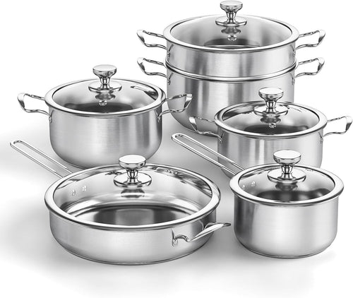 11pcs 3-ply Stainless Steel Cookware Set Induction Safe Pots & Pans with Lids