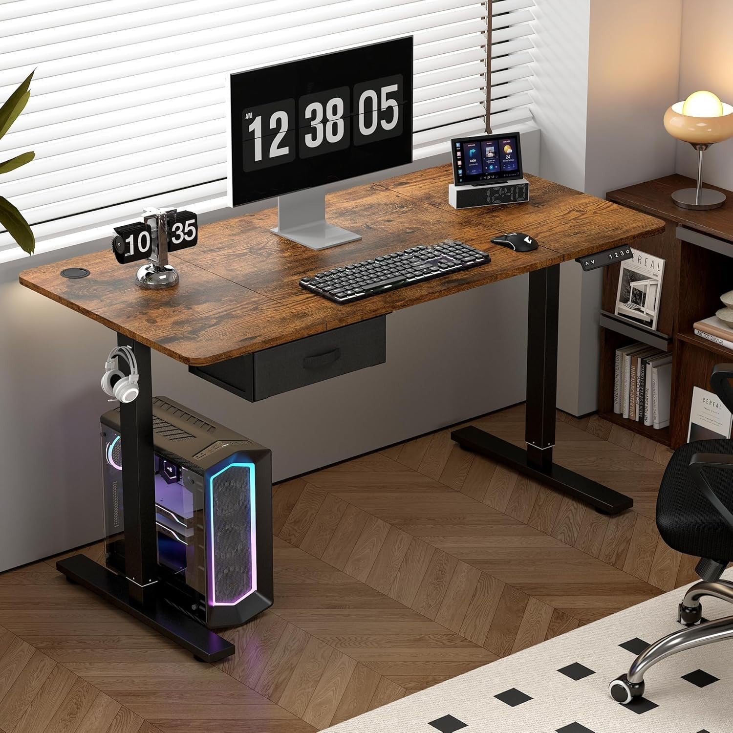 Electric Standing Desk 160x70cm w/Drawer, USB Port & Memory Control Brown