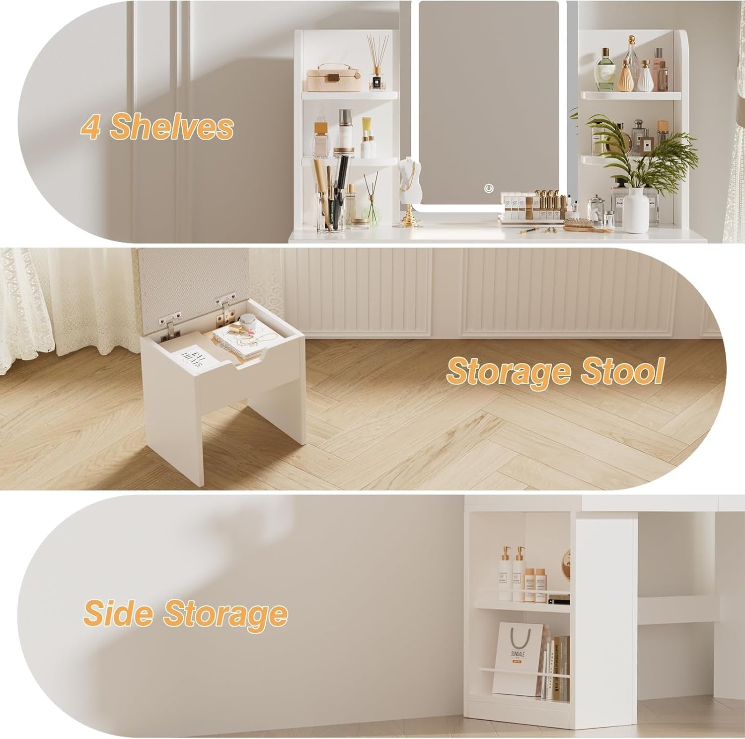 Modern Vanity Dressing Table Set White LED Mirror Stool Storage Drawers Shelves
