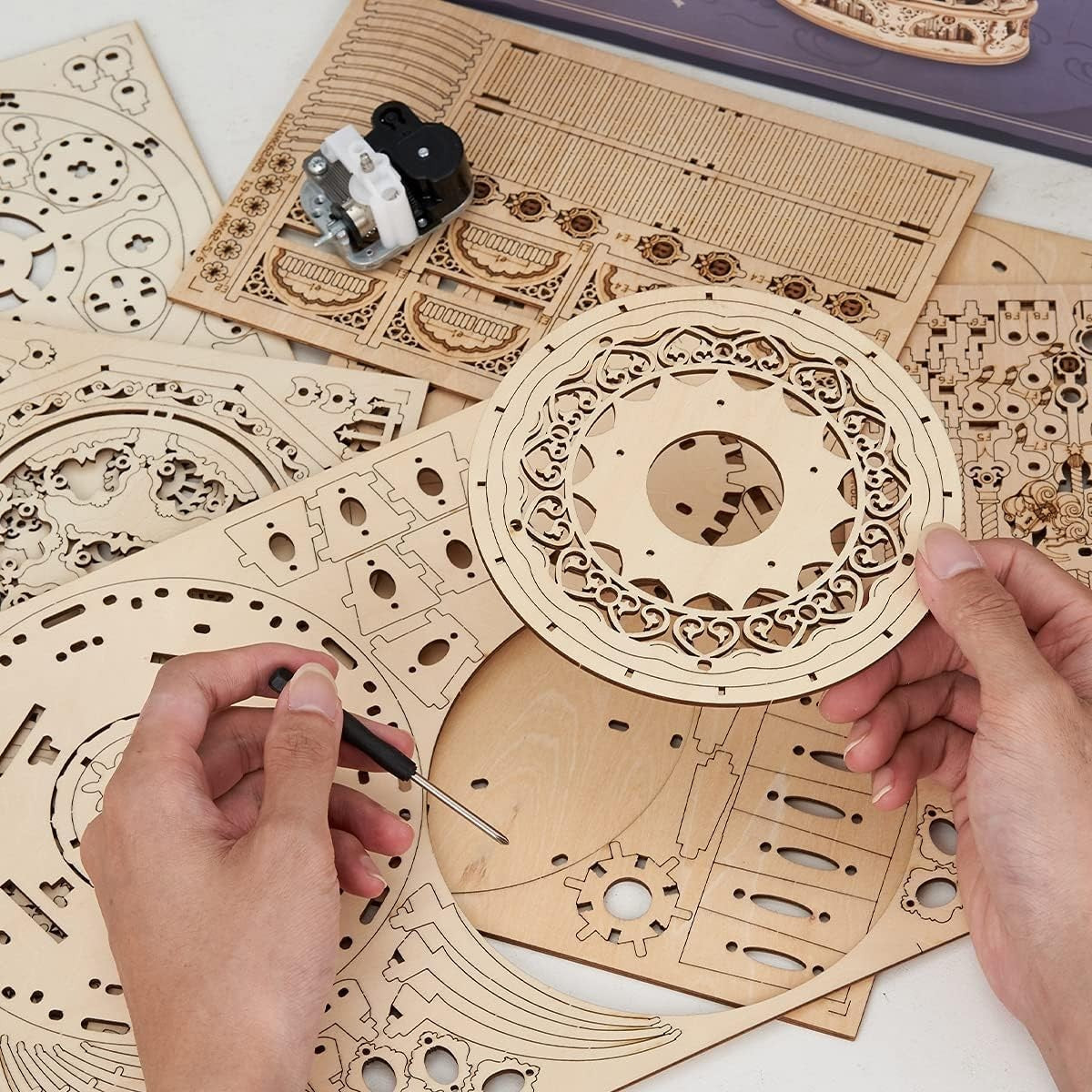 3D Wooden Music Carousel Puzzle with Mechanical Rotation & Light