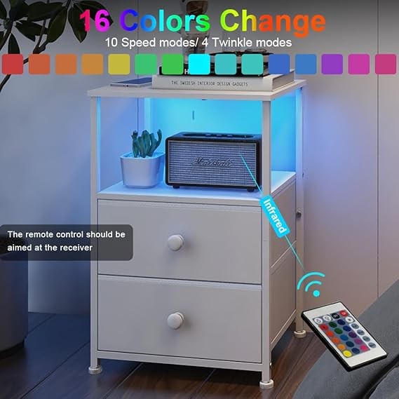 Modern LED Bedside Table with Charging Station & 2 Drawers – White Storage Unit
