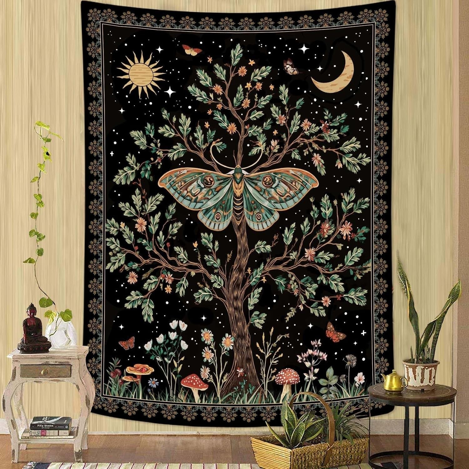 Tree of Life Wall Tapestry Celestial Moth Boho Decor 36x48
