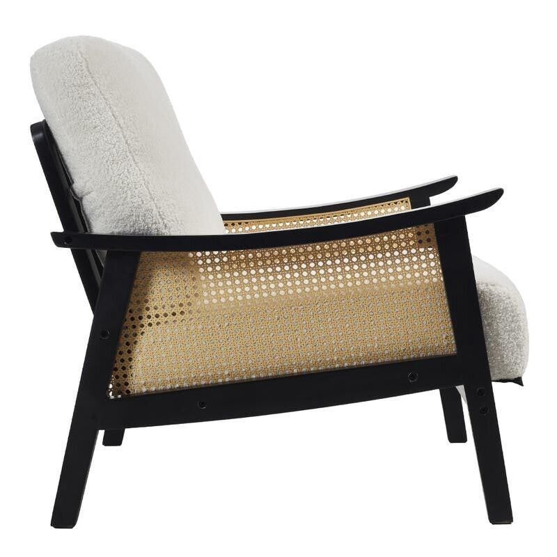 Mid-Century Rattan Armchair White Teddy Fur Seat Retro Lounge Accent