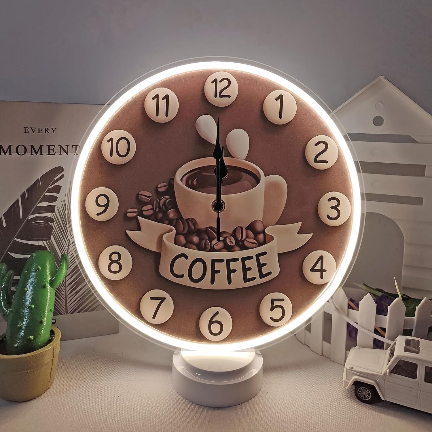Coffee Neon Wall Clock LED Dimmable Silent Kitchen Cafe Home Decor