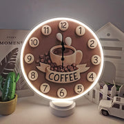 Coffee Neon Wall Clock LED Dimmable Silent Kitchen Cafe Home Decor