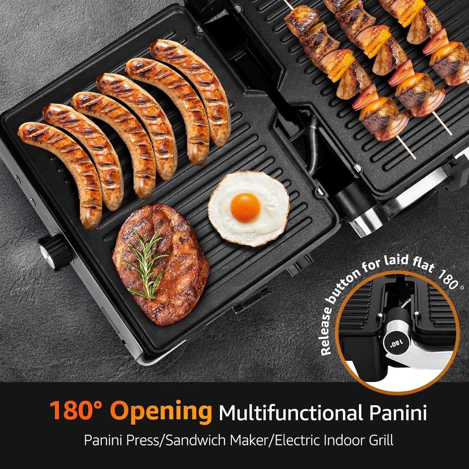 2000W Panini Press Sandwich Toaster Grill 180° Removable Plates