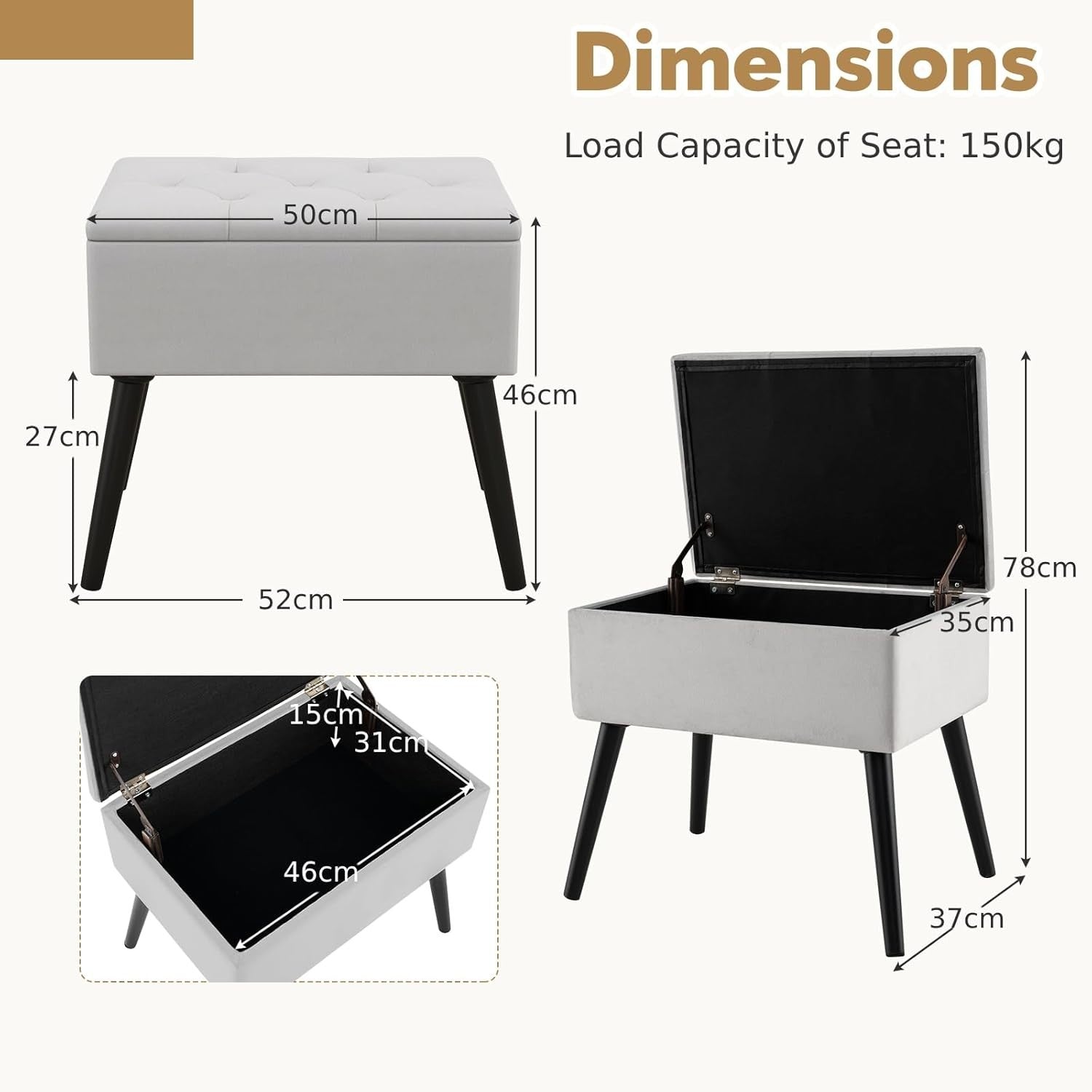 Grey Velvet Flip-Top Storage Footstool Ottoman Vanity Stool with Wood Legs